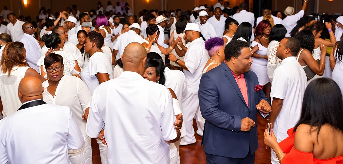 Guests in white attire dancing together on a packed ballroom dance floor