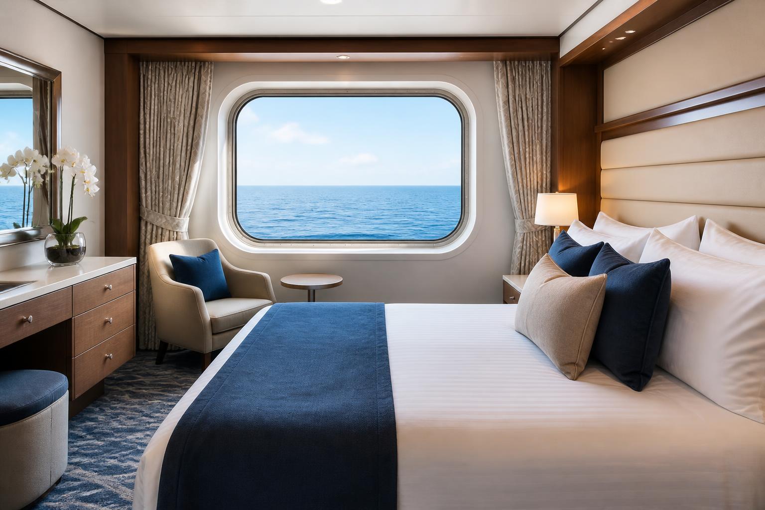 Ocean View cabin with a window overlooking the water